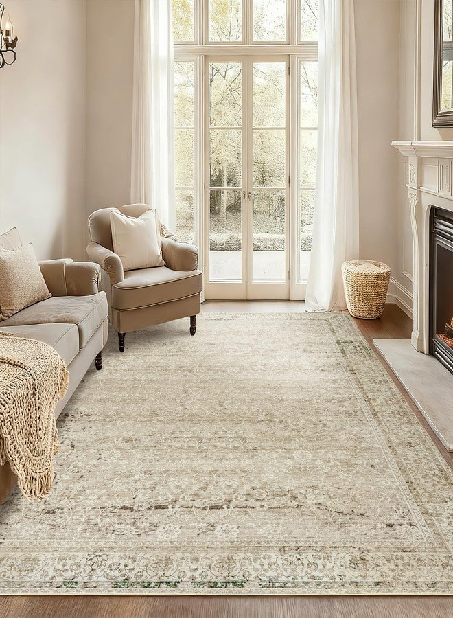 BILEEHOME Cream and Light Tan Rug for Bedroom Neutral Boho Farmhouse Floral Washable Soft Faux Wool No Slip Area Rugs for Living Room Home Office,5x8 - Image 1