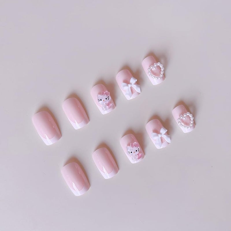 Foweso 24Pcs French Tip Press on Nails Medium Square Cute Cat Fake With Glue Pink Glitter Glossy Acrylic Design White Tip Charms False Stick on for Women - Image 3
