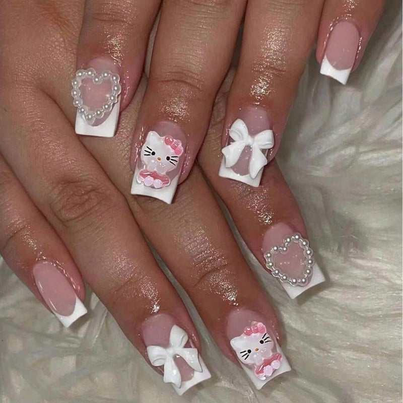Foweso 24Pcs French Tip Press on Nails Medium Square Cute Cat Fake With Glue Pink Glitter Glossy Acrylic Design White Tip Charms False Stick on for Women - Image 1