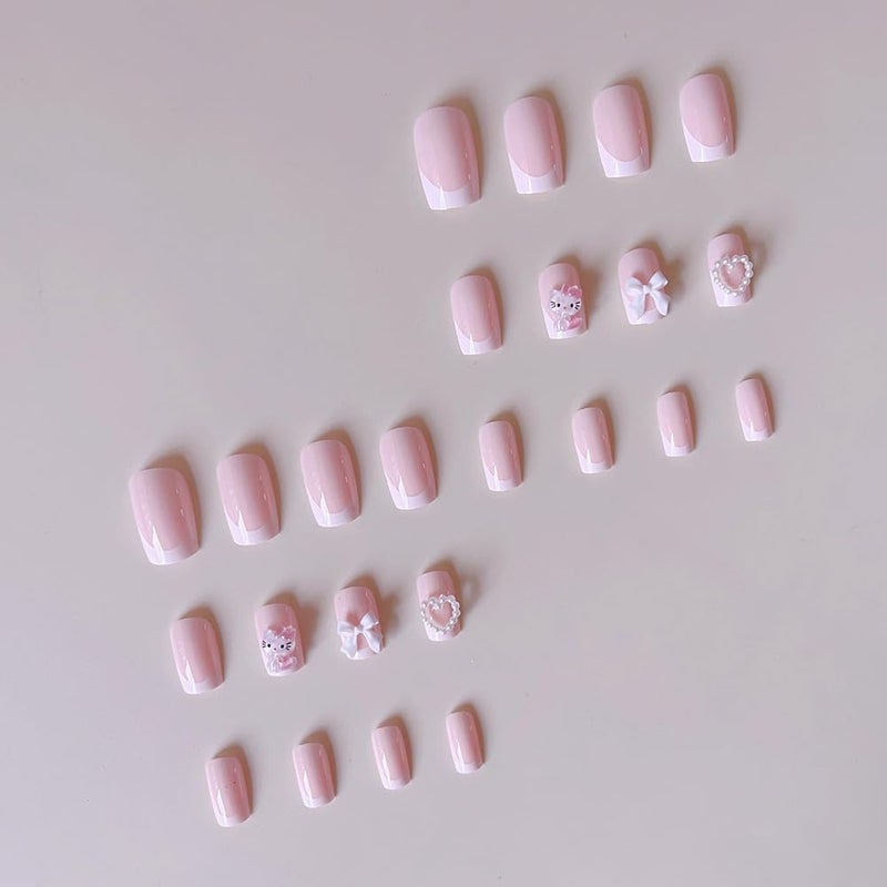 Foweso 24Pcs French Tip Press on Nails Medium Square Cute Cat Fake With Glue Pink Glitter Glossy Acrylic Design White Tip Charms False Stick on for Women - Image 2