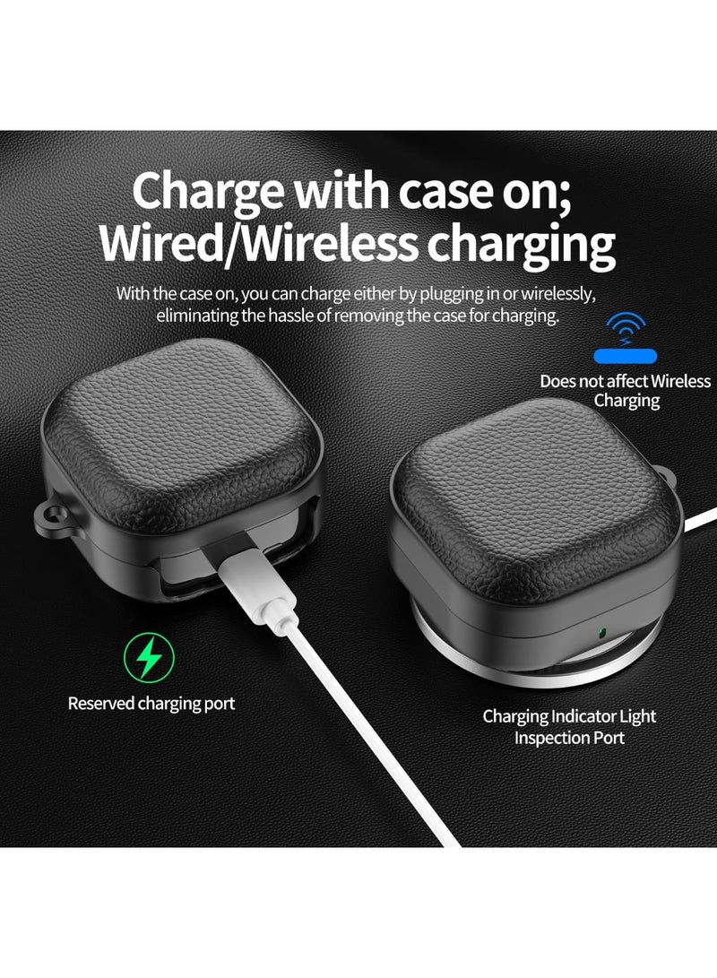 Adando Case for Samsung Buds 4/ Buds 4 Pro 2026, Leather-Texture TPU Shockproof Protective Cover with Keychain for Women Men (Black) - Image 2