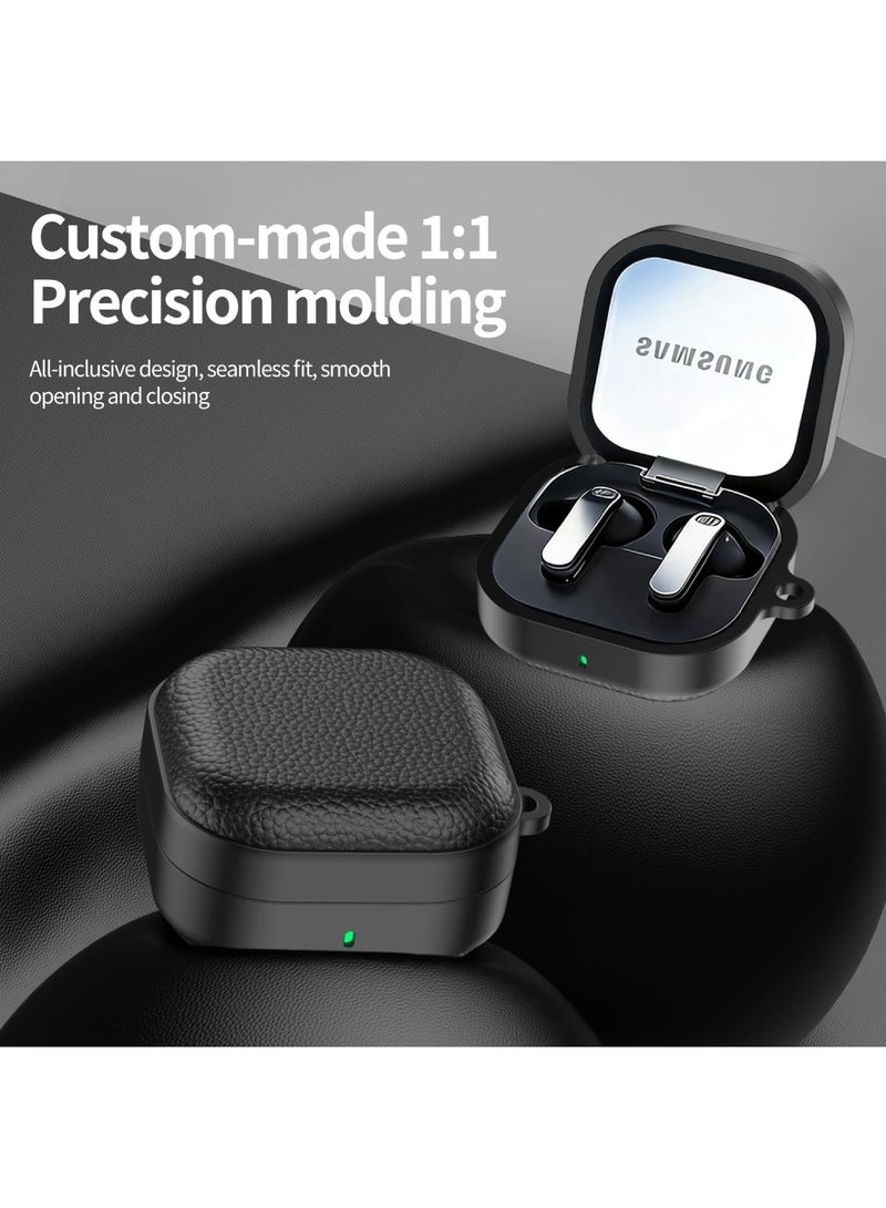 Adando Case for Samsung Buds 4/ Buds 4 Pro 2026, Leather-Texture TPU Shockproof Protective Cover with Keychain for Women Men (Black) - Image 3