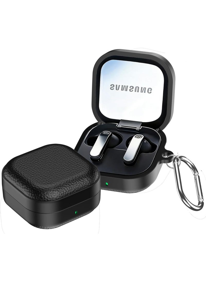 Adando Case for Samsung Buds 4/ Buds 4 Pro 2026, Leather-Texture TPU Shockproof Protective Cover with Keychain for Women Men (Black) - Image 1