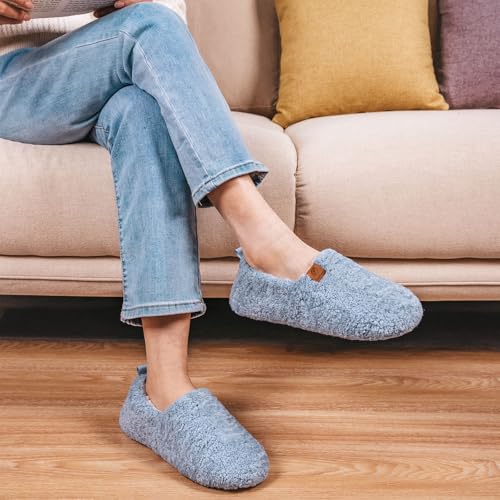 EverFoams Women’s Soft Curly Full Slippers Memory Foam Lightweight House Shoes Cozy Loafer with Polar Fleece Lining Light Blue,9-10 US - Image 2