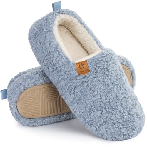 EverFoams Women’s Soft Curly Full Slippers Memory Foam Lightweight House Shoes Cozy Loafer with Polar Fleece Lining Light Blue,9-10 US - Image 1