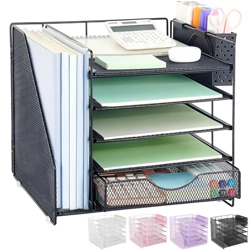 OUTIOE Desk Organizer with Drawer and Pen Holder 5Tier Paper Letter Tray Organizer with File Holder Suitable for Workspace Organizer Office Supplies Storage Black - Image 1