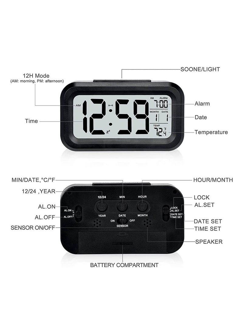 YOMYM - LED Digital Electronic Alarm Clock With Calendar And Thermometer Snooze Rectangular Clock Black - Image 1