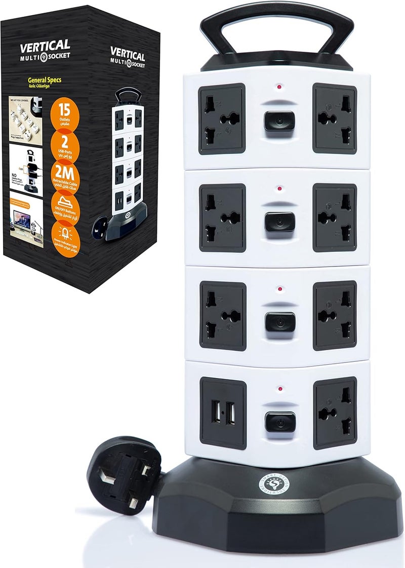 Smart Design Solutions Universal plug extension cord with usb surge protector multi way power extension socket outlet 2m power cable Electric extension cable adapter vertical tower extension lead power strip (4 Layers) - Image 1