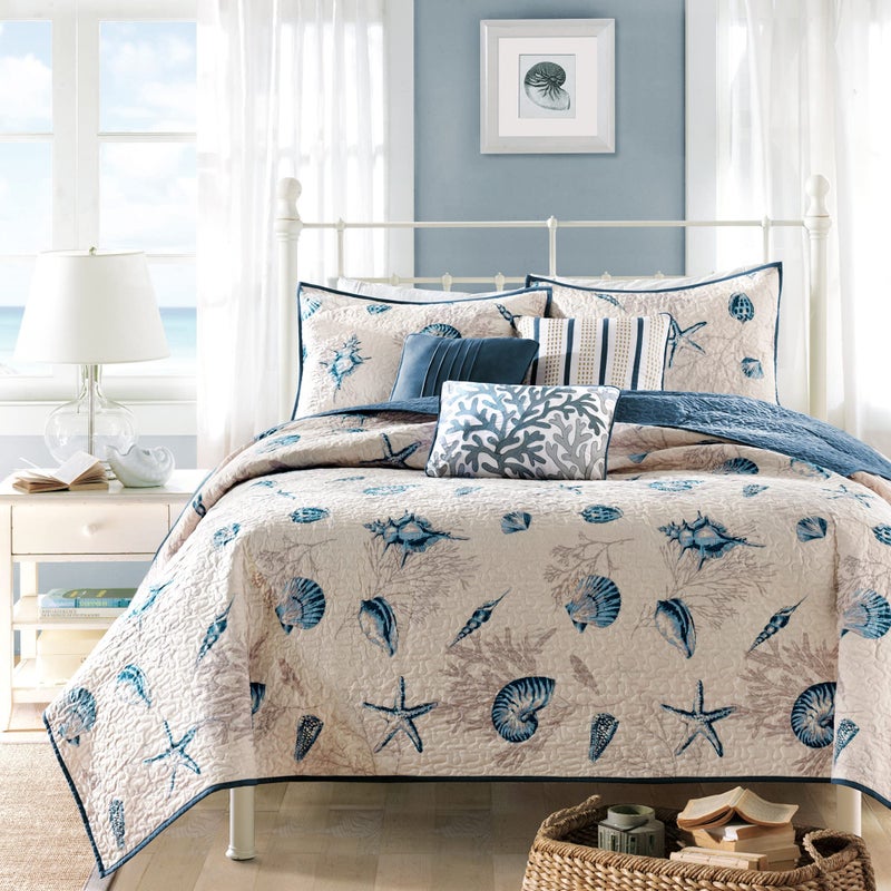 madison park Madison Park Quilt Set Cottage Coastal Design Starfish Print  All Season Coverlet Bedspread Lightweight Bedding Layer Shams Toss Pillows KingCal King104x94 Bayside BlueIvory 6 Piece 
