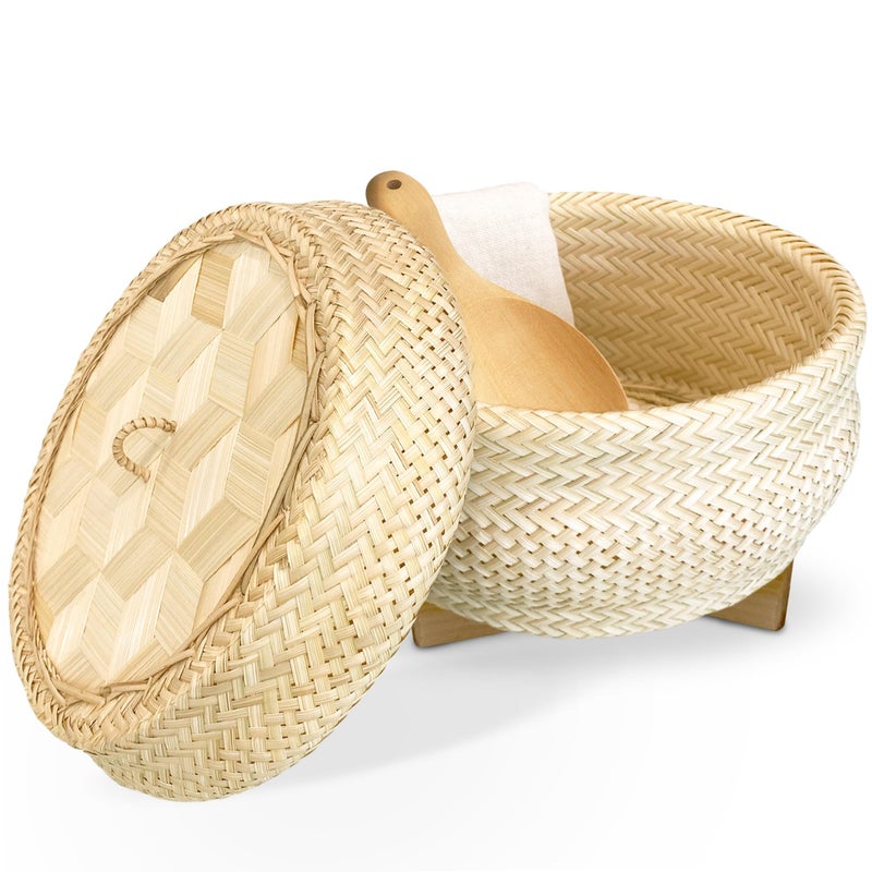 PANWA Handmade 100 Natural Thai Bamboo Sticky Rice Electric Cooker Steamer Set Small Pot Insert  65 Inch Hewn Reed Wicker Woven Lid 16 Cheesecloth Filter and Wooden Spoon
