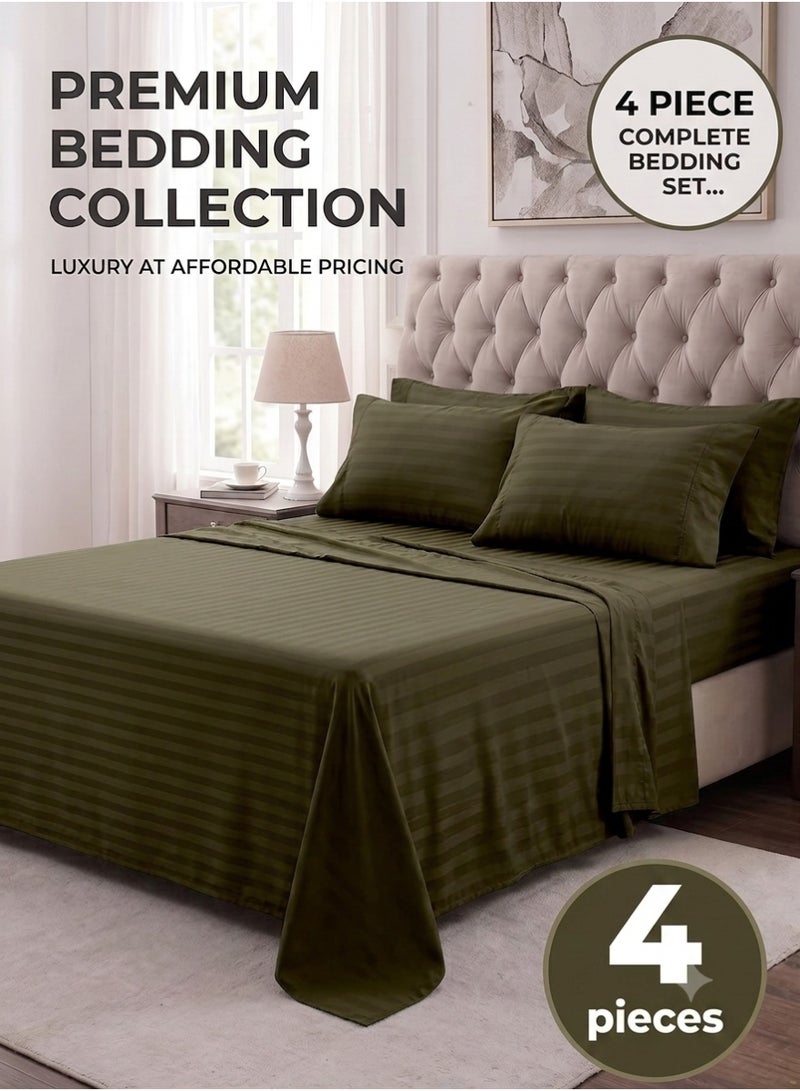 ZEESQUARE Luxury 4-Piece King Size Olive Green Striped Bedding Set | Soft Hotel Collection Duvet Cover Set with Fitted Bed Sheet & 2 Pillow Cases | Premium Breathable Bedding for Modern Bedroom - Image 1