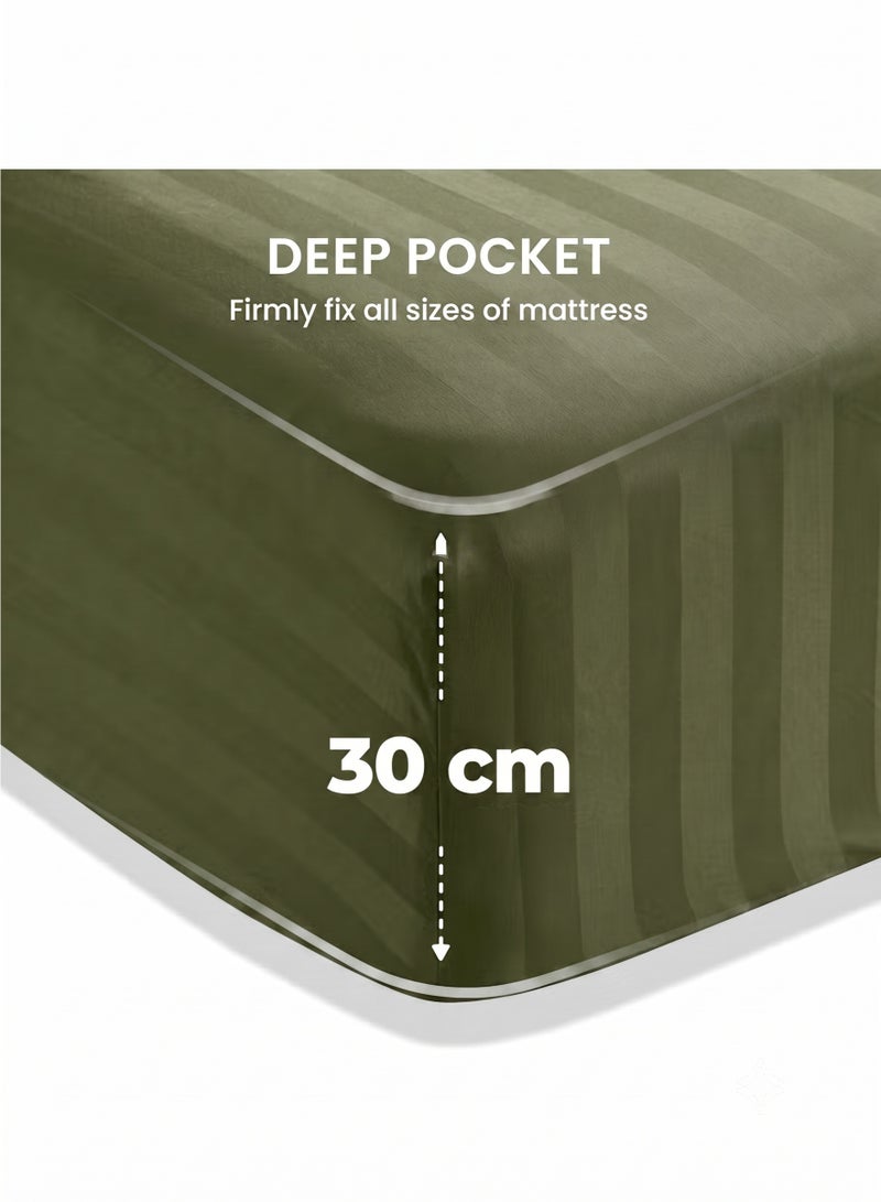 ZEESQUARE Luxury 4-Piece King Size Olive Green Striped Bedding Set | Soft Hotel Collection Duvet Cover Set with Fitted Bed Sheet & 2 Pillow Cases | Premium Breathable Bedding for Modern Bedroom - Image 5