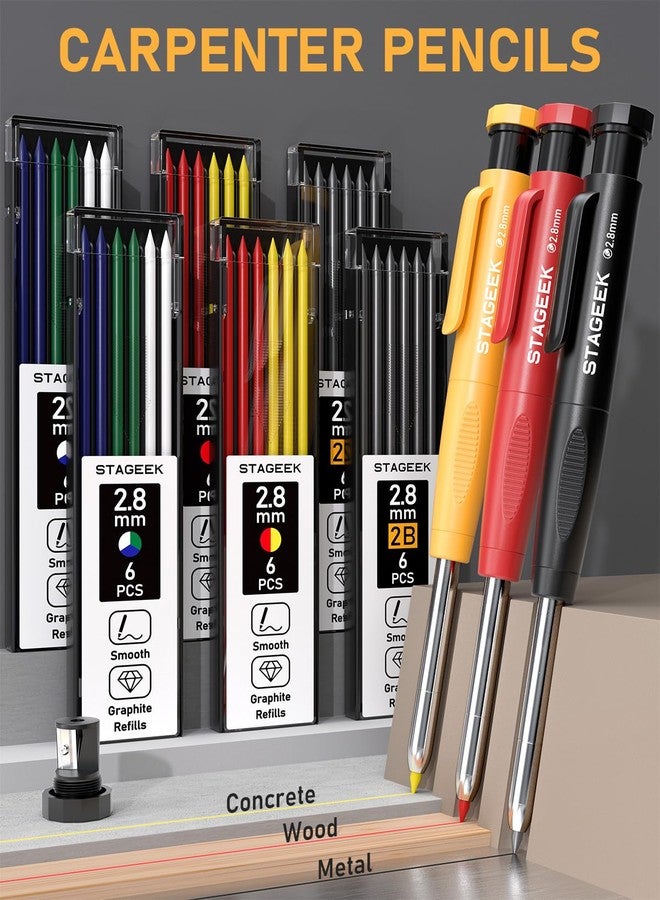STAGEEK 34 Pack Carpenter Pencil Set with Sharpener, Mechanical Carpenter Pencils with Deep Hole Long-Nib Marker Pens, Carbide Scribe Tool & Construction Pencils for Architect Woodworking with Case - Image 3