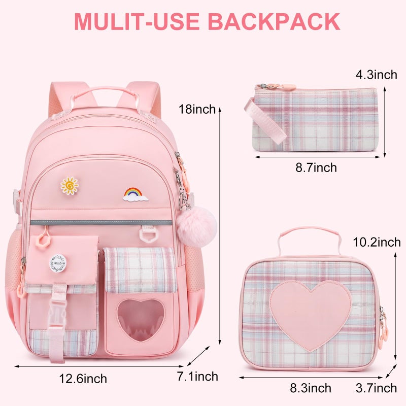 ZUBOND Kids Backpack for Girls, Cute School Backpack with Lunch Bag & Pen Case, Bookbag Set for Girls Children Teens for Elementary Middle High School Student Ages 3-15, Pink - Image 4