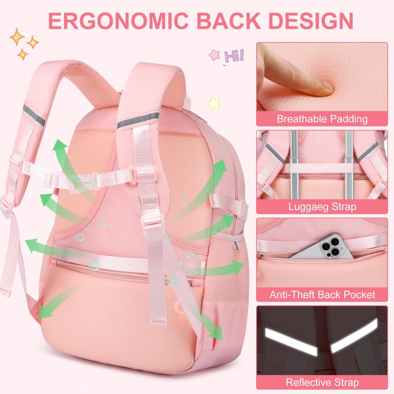 ZUBOND Kids Backpack for Girls, Cute School Backpack with Lunch Bag & Pen Case, Bookbag Set for Girls Children Teens for Elementary Middle High School Student Ages 3-15, Pink - Image 5