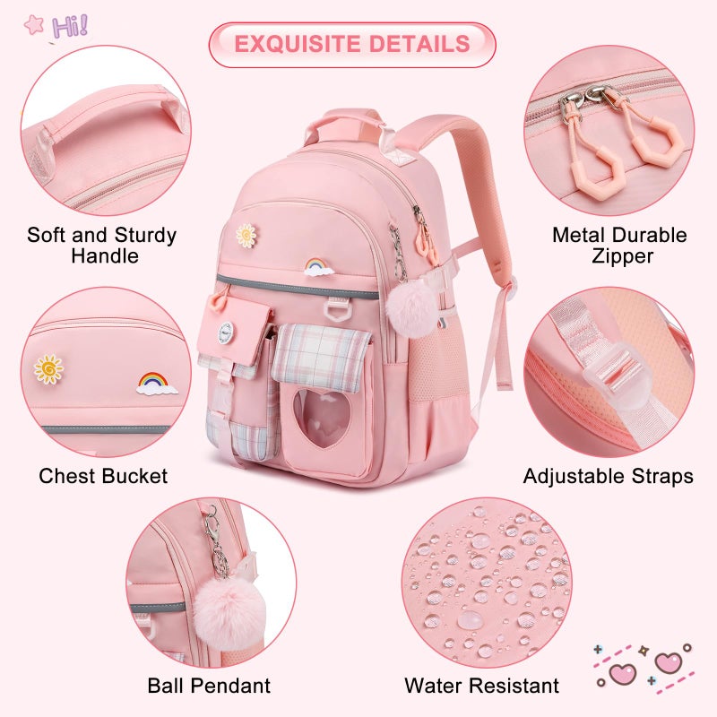 ZUBOND Kids Backpack for Girls, Cute School Backpack with Lunch Bag & Pen Case, Bookbag Set for Girls Children Teens for Elementary Middle High School Student Ages 3-15, Pink - Image 2