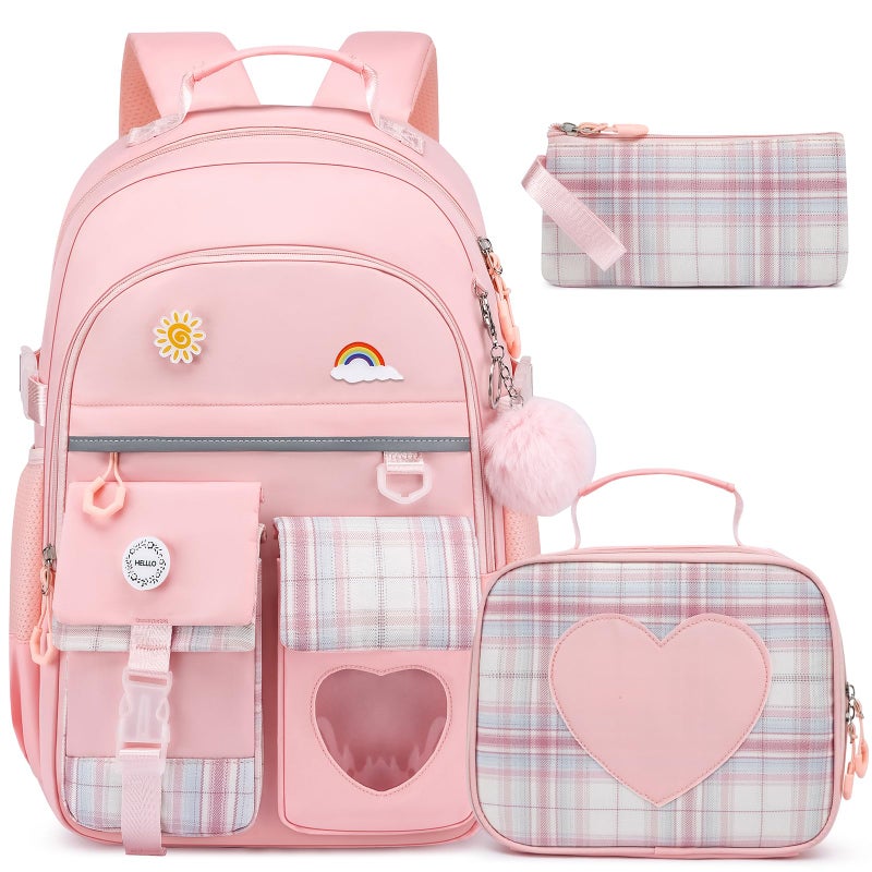 ZUBOND Kids Backpack for Girls, Cute School Backpack with Lunch Bag & Pen Case, Bookbag Set for Girls Children Teens for Elementary Middle High School Student Ages 3-15, Pink - Image 1