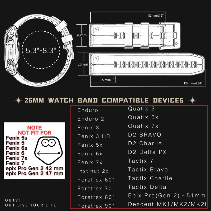 OUTVI 26mm watch band for garmin fenix 5x 6x Pro 7x 3 hr Epix Pro Gen 2 51mm Enduro 2 Descent Mk1 Mk2 Mk2i Mk3i tactix dual colors rugged silicone quick fit 26 watch bands men women ORANGE BLACK - Image 2