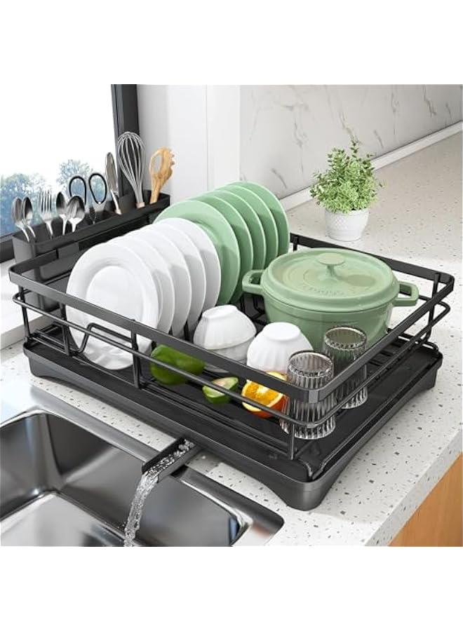 HOOKOR Dish Drying Rack - Stainless Steel Dish Rack for Kitchen Counter, Large-Capacity Dish Drainer with Cutlery Holder, Kitchen Organizer for Dishes, Spoons and Forks, Black - Image 1