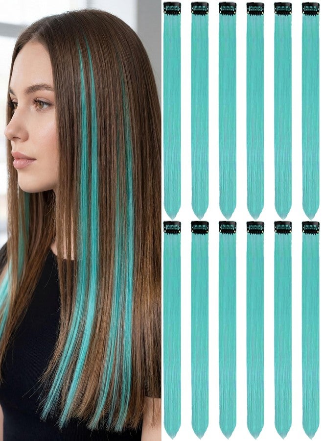 Olldag 12 PCS Teal Blue Hair Extensions Clip in, 22 Inch Colored Party Synthetic Neon Highlights Extensions, Rainbow Hair Accessories for Women Hair Pieces (Teal Blue) - Image 1