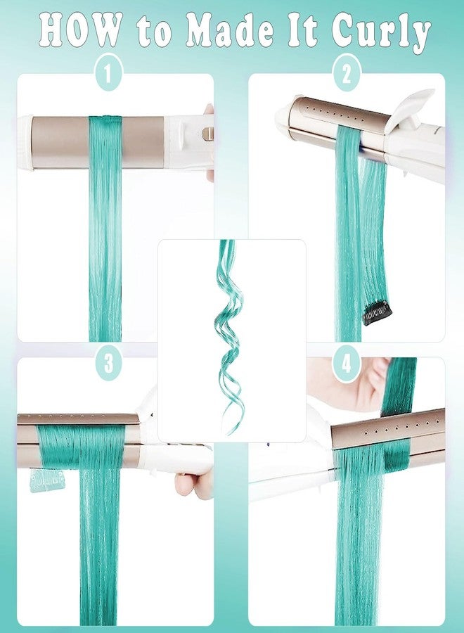 Olldag 12 PCS Teal Blue Hair Extensions Clip in, 22 Inch Colored Party Synthetic Neon Highlights Extensions, Rainbow Hair Accessories for Women Hair Pieces (Teal Blue) - Image 5