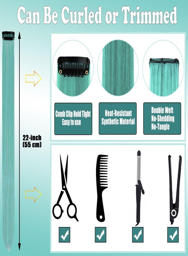 Olldag 12 PCS Teal Blue Hair Extensions Clip in, 22 Inch Colored Party Synthetic Neon Highlights Extensions, Rainbow Hair Accessories for Women Hair Pieces (Teal Blue) - Image 4