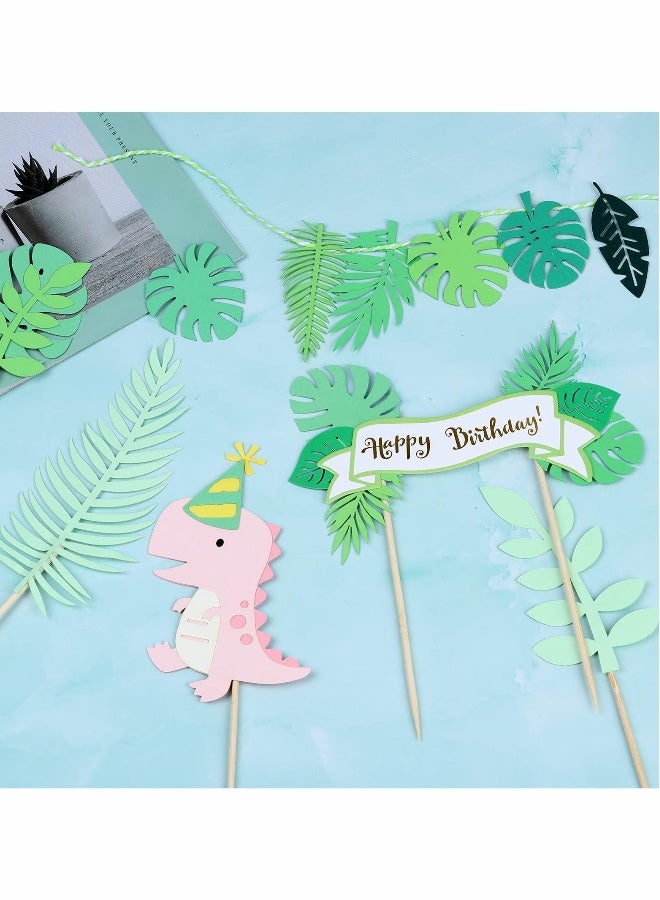 22 Pcs Dinosaur Cupcake Toppers - Wild Animal Theme Birthday Party Decorations with Green  Pink Dinosaurs and Tropical Palm Leaves - Image 4