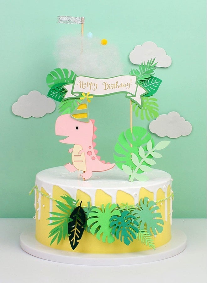 22 Pcs Dinosaur Cupcake Toppers - Wild Animal Theme Birthday Party Decorations with Green  Pink Dinosaurs and Tropical Palm Leaves - Image 2