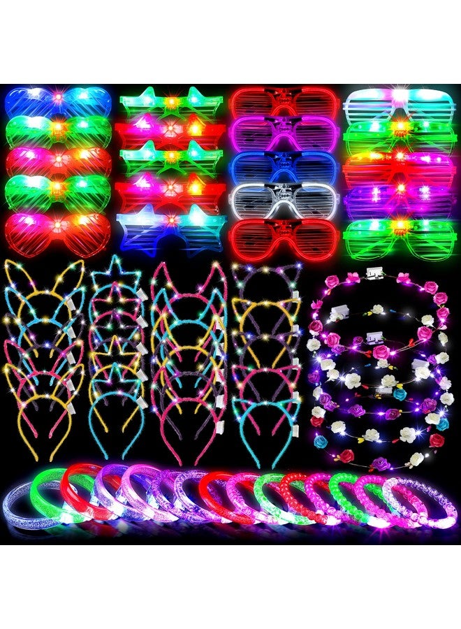 60 Pieces Glow In The Dark Party Supplies Neon Party Favor Led Light Up Party Favors With Flashing Glasses Flower Headband Crown Bracelets Rabbit Cat Ear Headband For Neon Party
