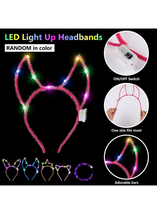 60 Pieces Glow In The Dark Party Supplies Neon Party Favor Led Light Up Party Favors With Flashing Glasses Flower Headband Crown Bracelets Rabbit Cat Ear Headband For Neon Party