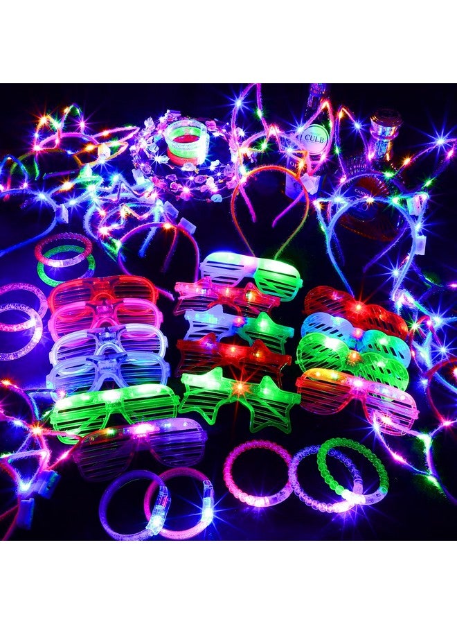 60 Pieces Glow In The Dark Party Supplies Neon Party Favor Led Light Up Party Favors With Flashing Glasses Flower Headband Crown Bracelets Rabbit Cat Ear Headband For Neon Party