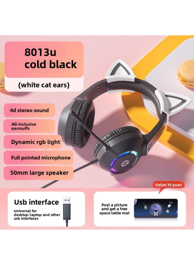 Headset Live Wired Game Desktop Computer Cat Ear Headset Electronic Competition Notebook-Color:Package 3 Plus Milk Tea Color Mouse Pad-cold Black [white Cat Ears] 4d Stereo  - Image 1