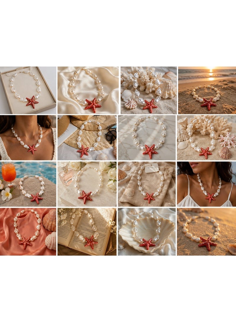 Women's Synthetic Baroque Pearl Necklace with Red Starfish Pendant - Image 2