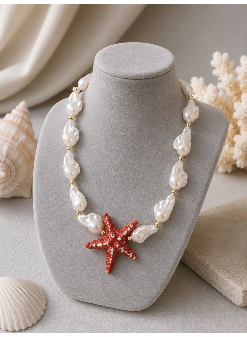 Women's Synthetic Baroque Pearl Necklace with Red Starfish Pendant - Image 1