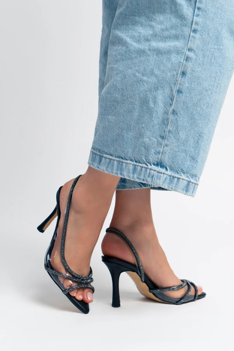 Nişantaşı Shoes Thistle Black Matte Transparent Stone Detailed Women's Heeled Shoes