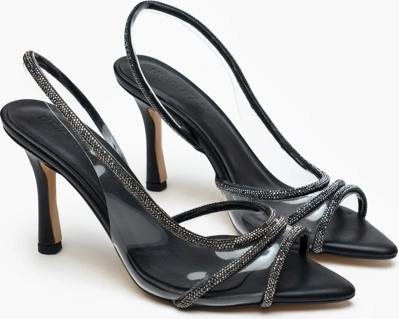 Nişantaşı Shoes Thistle Black Matte Transparent Stone Detailed Women's Heeled Shoes