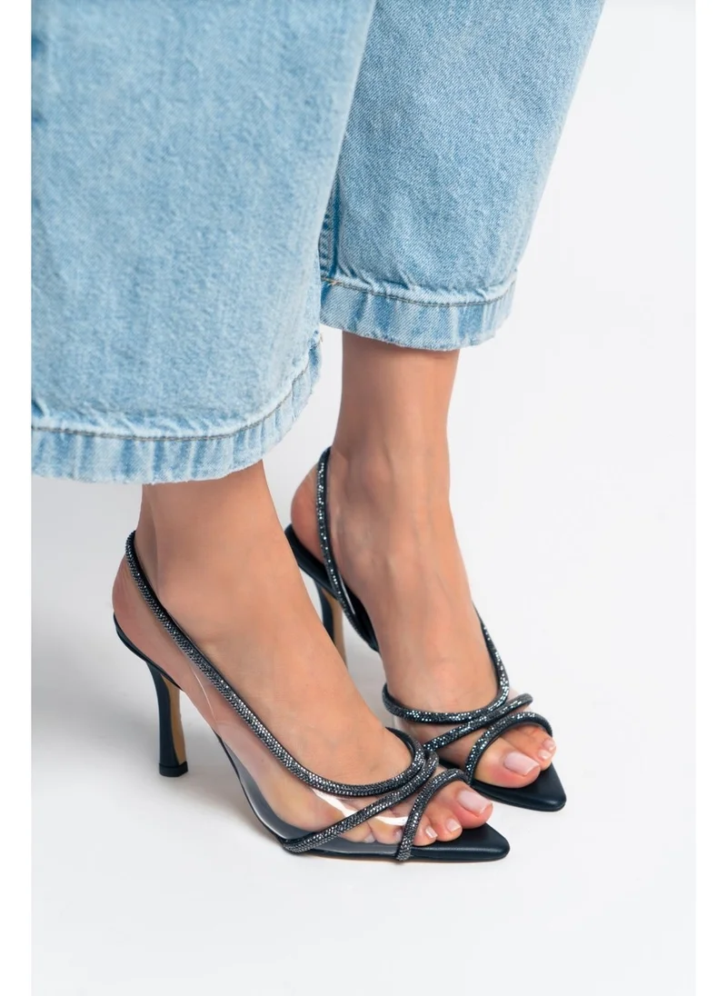 Nişantaşı Shoes Thistle Black Matte Transparent Stone Detailed Women's Heeled Shoes