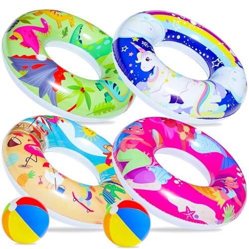 Parentswell 6Pack Pool Party Set Parentswell Inflatable Pool Float Swimming Rings 4 Pool Tubes with 2 Beach Balls Pool Party Favors for Summer Pool and Beach Fun - Image 1
