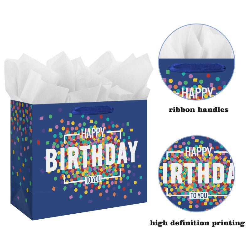 Laidans 13" Large Happy Birthday Gift Bag Blue with Greeting Card and Tissue Papers for Men Boys (Large Blue) - Image 4