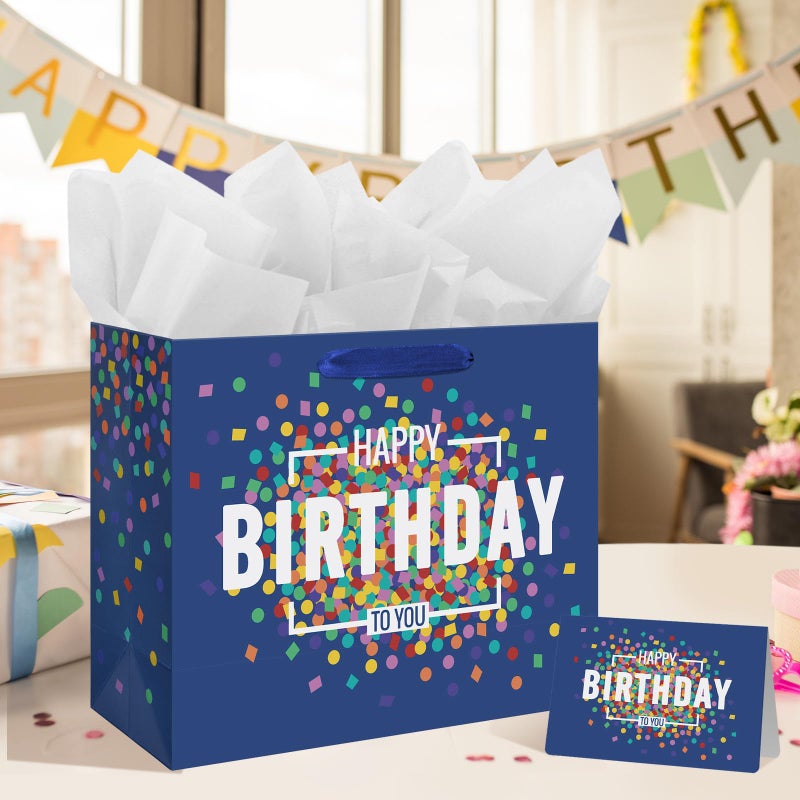 Laidans 13" Large Happy Birthday Gift Bag Blue with Greeting Card and Tissue Papers for Men Boys (Large Blue) - Image 5