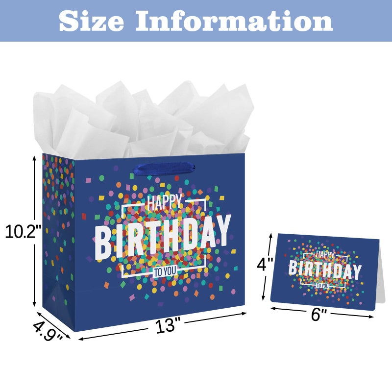 Laidans 13" Large Happy Birthday Gift Bag Blue with Greeting Card and Tissue Papers for Men Boys (Large Blue) - Image 2