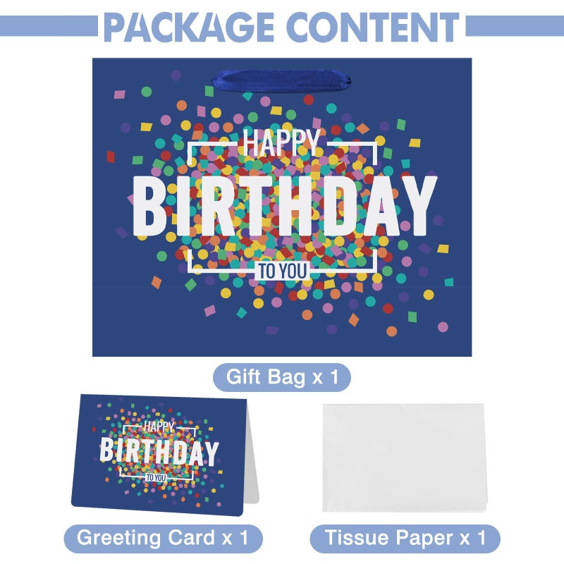 Laidans 13" Large Happy Birthday Gift Bag Blue with Greeting Card and Tissue Papers for Men Boys (Large Blue) - Image 3