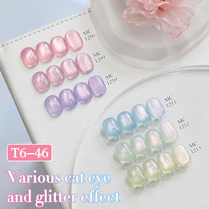 Double Rhythm Cat Eye Gel Nail Polish Set of 6 Same Color Same Bottle 0.5 Oz Shimmer Glitter with Magnet Holographic Reflective Magnetic UV Nail Polish Kit at Home (Rose Green Pink Purple-T6-46) - Image 4