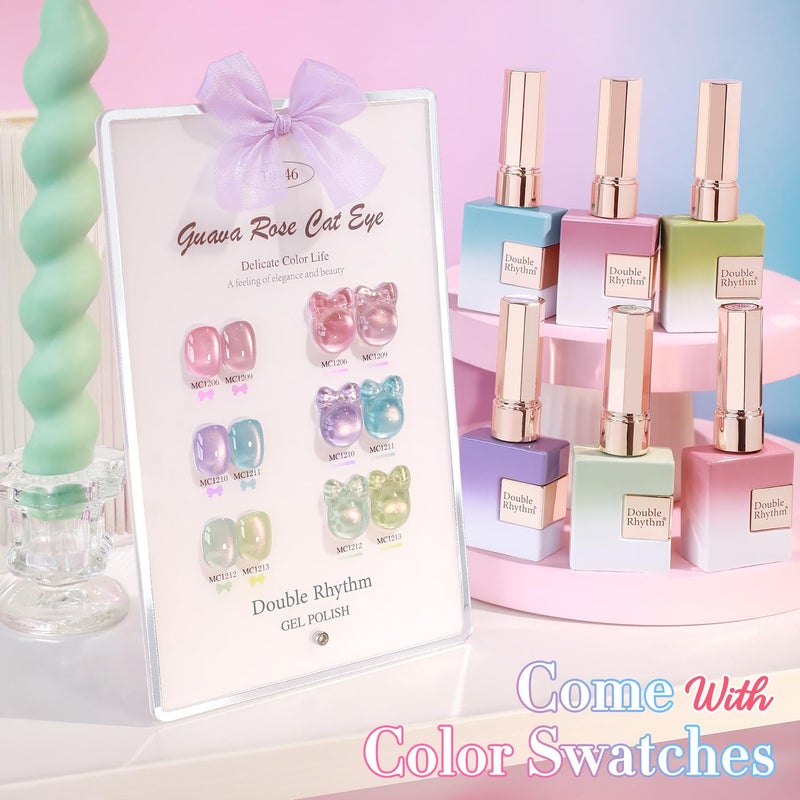 Double Rhythm Cat Eye Gel Nail Polish Set of 6 Same Color Same Bottle 0.5 Oz Shimmer Glitter with Magnet Holographic Reflective Magnetic UV Nail Polish Kit at Home (Rose Green Pink Purple-T6-46) - Image 2