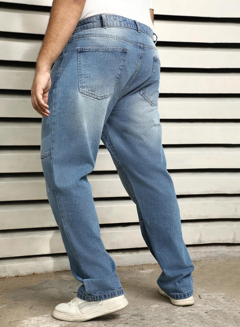 HIGH STAR Men's Indigo 100% Cotton Bleached Full Length Straight Fit Jeans