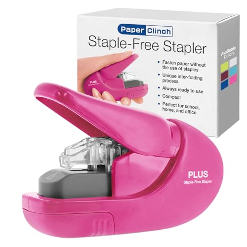 Plus Paper Clinch Staple-Free Stapler, Pink - Image 1