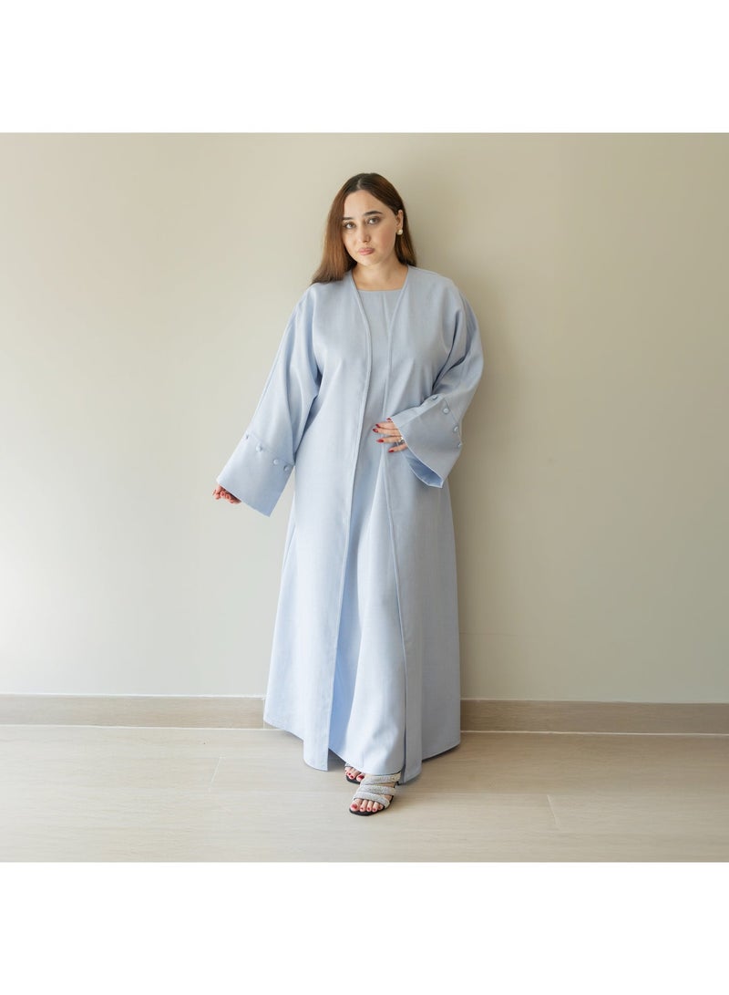 LINELLE طقم عباءة لينيل الأزرق الفاتح من قطعتين للنساء - داخلية أنيقة مع سترة مفتوحة، أكمام مزينة بأزرار بشكل خفيف، ملابس يومية ومناسبات محتشمة - Image 1