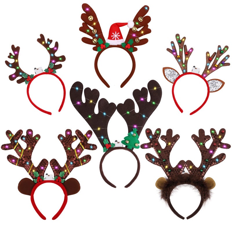 Fovths 6 Pack LED Christmas Headband Reindeer Antlers Headband Light up Antlers Headwear Reindeer Christmas Costume Accessories for Xmas Party Holiday Decorations - Image 2