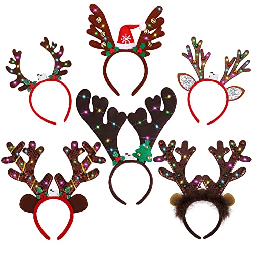 Fovths 6 Pack LED Christmas Headband Reindeer Antlers Headband Light up Antlers Headwear Reindeer Christmas Costume Accessories for Xmas Party Holiday Decorations - Image 1