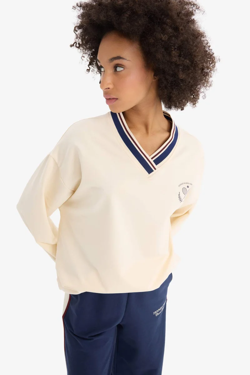 ديفاكتو DeFactoFit Oversize V Neck Printed Sports Sweatshirt
